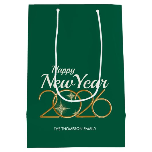 Elegant Green & Gold “New Year 2026” Personalized  Medium Cadeauzakje (Achterkant)
