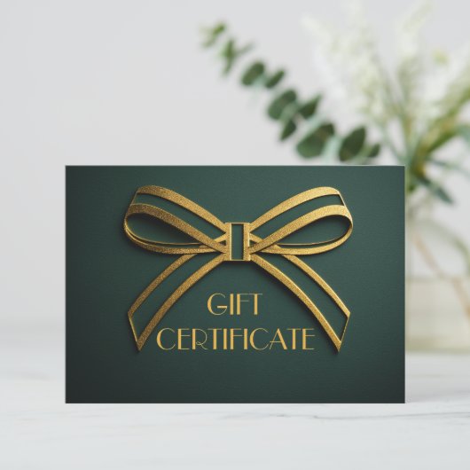 Elegant Green & Gold Ribbon Gift Certificate Card (Staand voorkant)