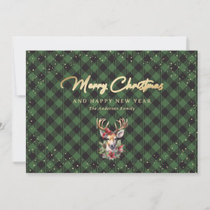 Elegant Green Gold Snow Reindeer Merry kerst Feestdagenkaart