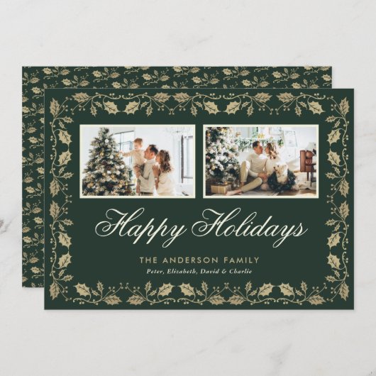 Elegant Green Gold twee-fotokaarten Prettige feest Feestdagenkaart (Voorkant / Achterkant)