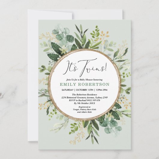 Elegant Green Gold Twins Greenery Baby shower Kaart (Voorkant)