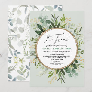 Elegant Green Gold Twins Greenery Baby shower Kaart