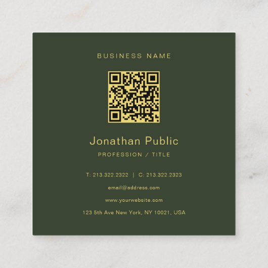 Elegant Green Handwritten Script Gold Text QR Code Vierkante Visitekaartje (Achterkant)