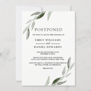 Elegant Green Leaf Wedding Postponed Notice Kaart
