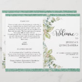 Elegant Green Leaves, Glitter Quinceañera-programm (Voorkant / Achterkant)