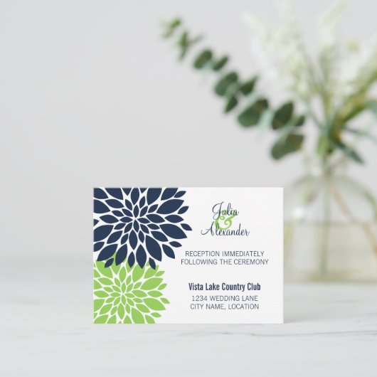 Elegant Green Navy Floral Burst Reception Kaarten (Staand voorkant)