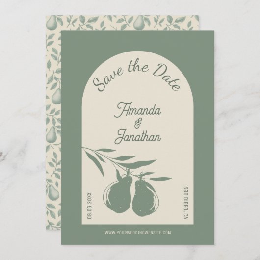 Elegant Green Pear Wedding Save the Date Kaart (Voorkant / Achterkant)
