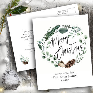 Elegant Green Pine Cone Foliage Wreator Waterverf Feestdagenkaart