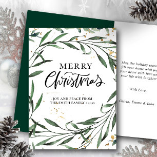 Elegant Green Pine Foliage Gold Confetti Greenery Feestdagen Kaart