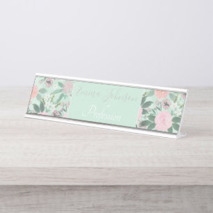 Elegant Green Pink Floral Waterverf Painting Bureau Naambordje