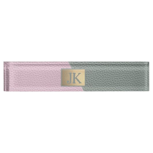 Elegant Green Pink Leather Monogram Naambordje (Voorkant)