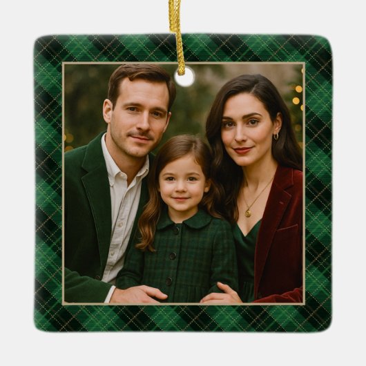 Elegant Green Plaid Personalized Photo Keramisch Ornament (Voorkant)