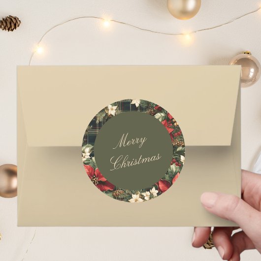 Elegant Green Plaid Poinsettias Merry Christmas Ronde Sticker