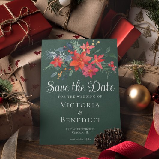 Elegant Green Red Floral kerstmis Save the Date Kaart