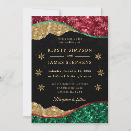Elegant Green Red & Gold Snowflake Wedding Kaart (Voorkant)