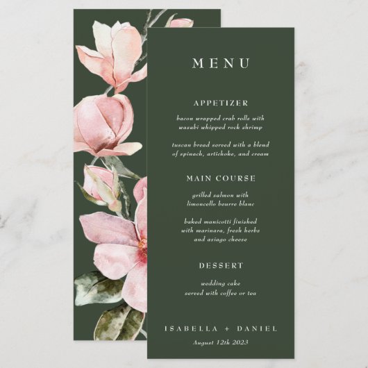 Elegant Green Roos Waterverf Magnolia Wedding Menu (Voorkant / Achterkant)