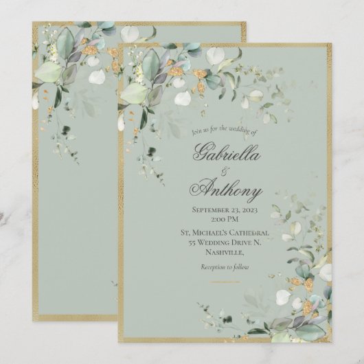Elegant Green Rustic Leaves Greenery Gold Wedding Kaart (Voorkant / Achterkant)
