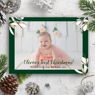 Elegant Green Script Magnolia Baby First Kerstmis Feestdagenkaart
