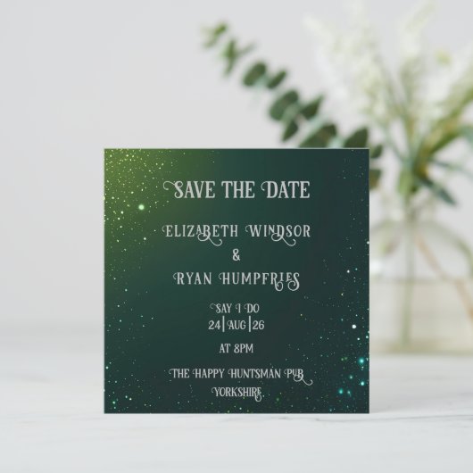 Elegant Green Sparkle Design voor bruiloft Save The Date (Staand voorkant)