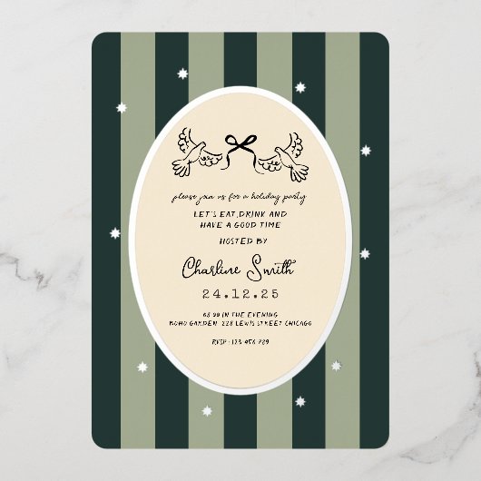 Élégant Green Striped Holiday Party Invitation (Recto)