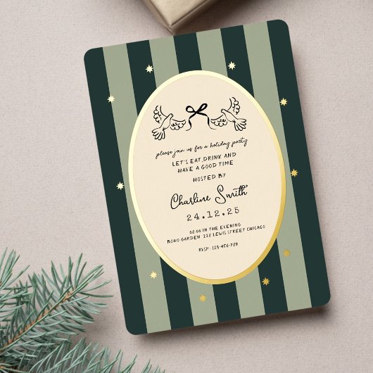 Élégant Green Striped Holiday Party Invitation