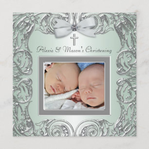 Elegant Green Twins Photo Christening Invitations Kaart