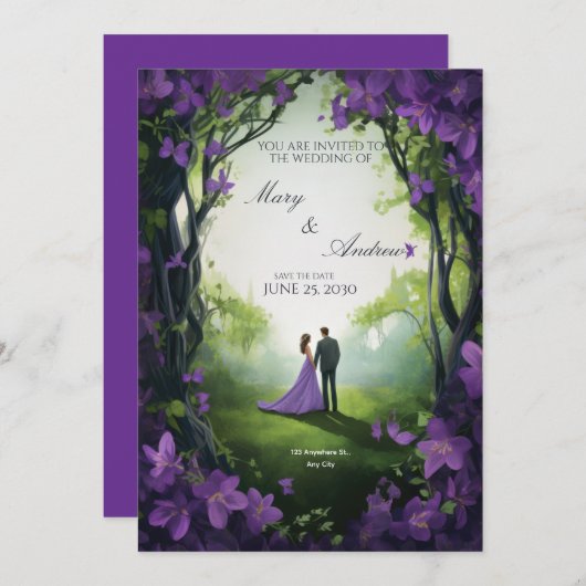 Elegant Green & Violet Wedding Invitation (Devant / Derrière)