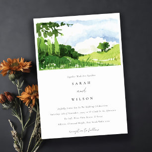 Elegant Green Waterverf Countryside Hills Wedding Kaart