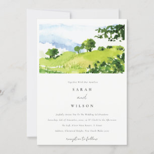 Elegant Green Waterverf Countryside Hills Wedding Kaart