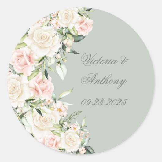 Elegant Green Waterverf Floral Script Wedding Ronde Sticker (Voorkant)