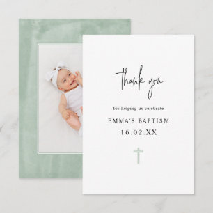 Elegant Green Waterverf Minimalist Photo Baptisme Bedankkaart