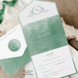 Elegant Green Waterverf Monogram Weddenschap over All In One Uitnodiging