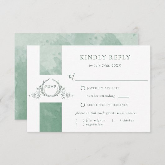Elegant Green Waterverf Wedding Monogram RSVP (Voorkant / Achterkant)