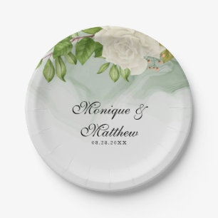 Elegant Green Waterverf White Roses Wedding Papieren Bordje