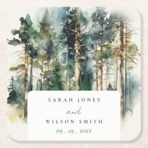Elegant Green Waterverf Woodland Forest Wedding Vierkante Kartonnen Onderzetter