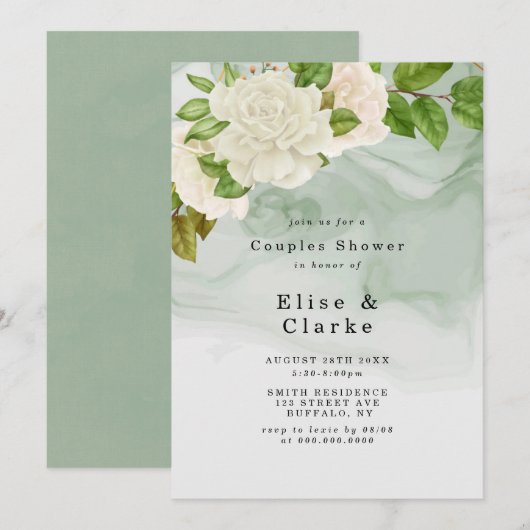 Elegant Green White Roses Couples Shower Invites (Voorkant / Achterkant)