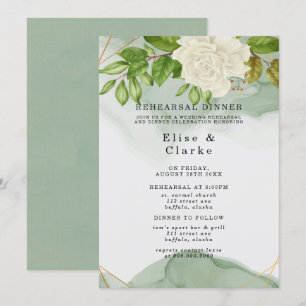 Elegant Green White Roses Rustic Rehearsal Dinner Kaart