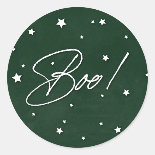 Elegant Green+White Scattered Stars Boo! Halloween Ronde Sticker (Voorkant)