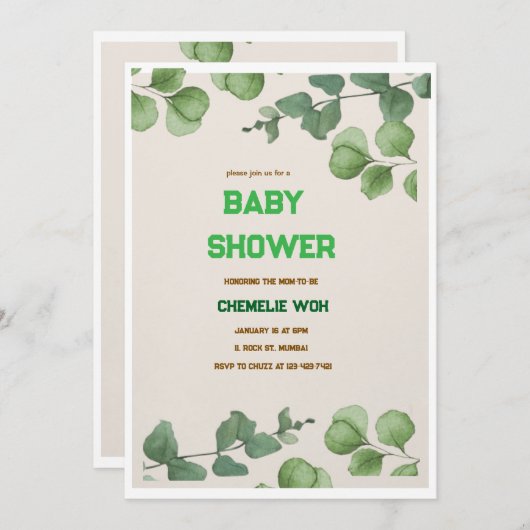 Elegant Greenery Baby shower Invitation Kaart (Voorkant / Achterkant)