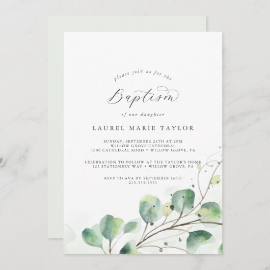 Elegant Greenery Baptism Invitation Kaart (Voorkant / Achterkant)