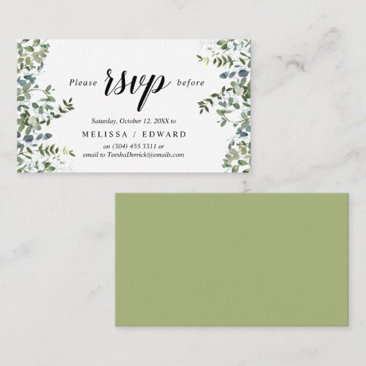 Elegant Greenery, Black, RSVP reageert, Antwoord Informatiekaartje (Voorkant / Achterkant)