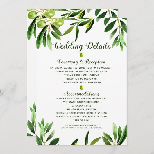 Elegant Greenery Boho Summer Wedding Details Kaart (Voorkant / Achterkant)