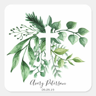 Elegant Greenery Botanical Cross Heilige Communie Vierkante Sticker