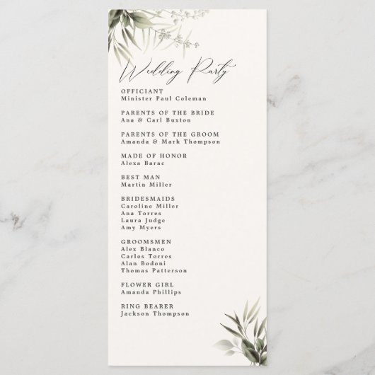 Elegant Greenery Botanical Ivory Wedding Programme Programma (Achterkant)