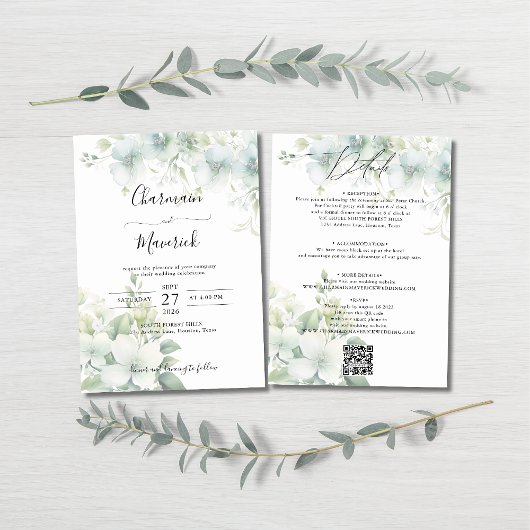 Elegant Greenery Budget QR code Wedding Kaart