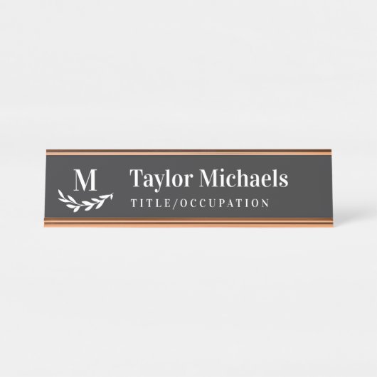 Elegant Greenery Charcoal White Monogram & Name Bureau Naambordje (Voorkant)