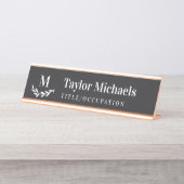 Elegant Greenery Charcoal White Monogram & Name Bureau Naambordje (Voorkant)