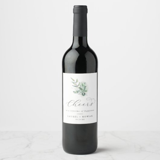 Elegant Greenery Cheers Wedding Wine Labels Wijn Etiket (Voorkant)