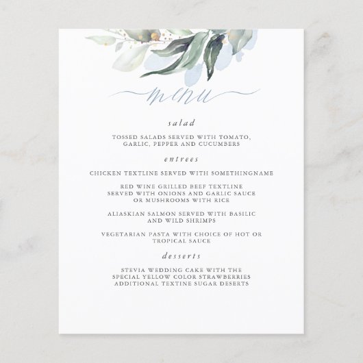 Elegant Greenery Dusty Blue Wedding Menu (Voorkant)