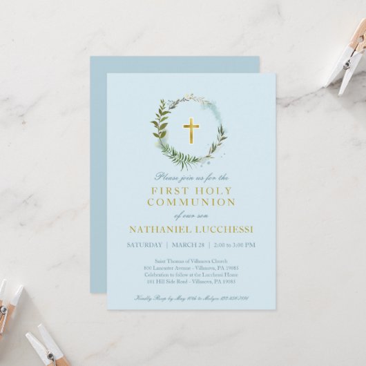 Elegant Greenery en Gold Foil Baptisme Commune Kaart (Voorkant / Achterkant in situ)